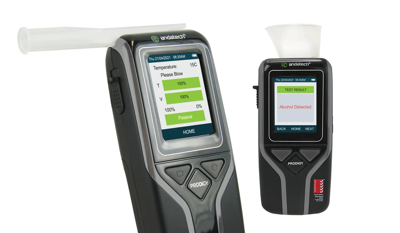 Andatech AlcoSense Prodigy S Breathalyser front view with touch screen display.